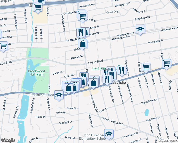 map of restaurants, bars, coffee shops, grocery stores, and more near 75 Carleton Avenue in East Islip