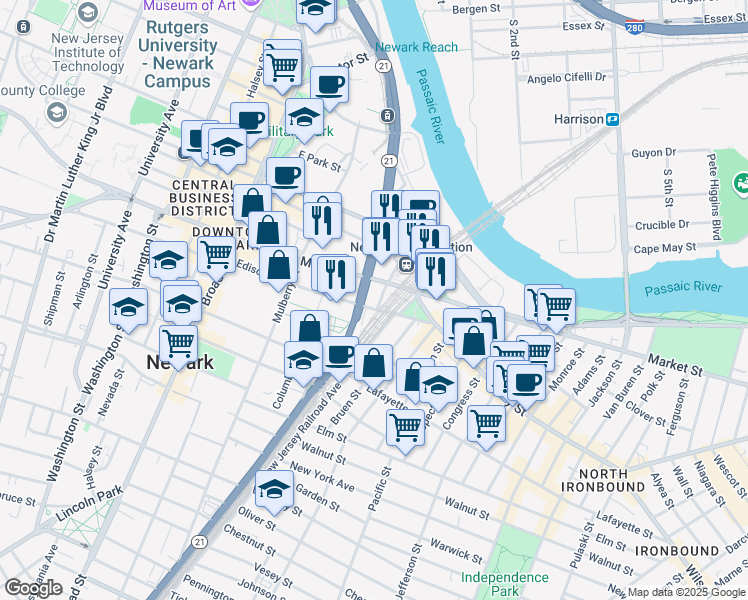 map of restaurants, bars, coffee shops, grocery stores, and more near 311 Market Street in Newark