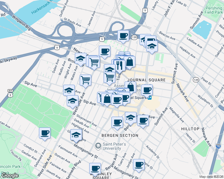 map of restaurants, bars, coffee shops, grocery stores, and more near 866 Pavonia Avenue in Jersey City