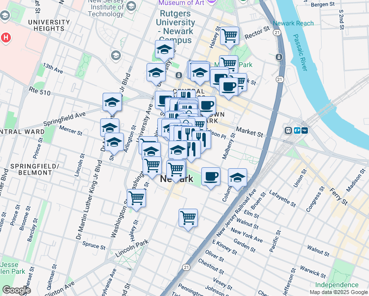 map of restaurants, bars, coffee shops, grocery stores, and more near 851 Broad Street in Newark