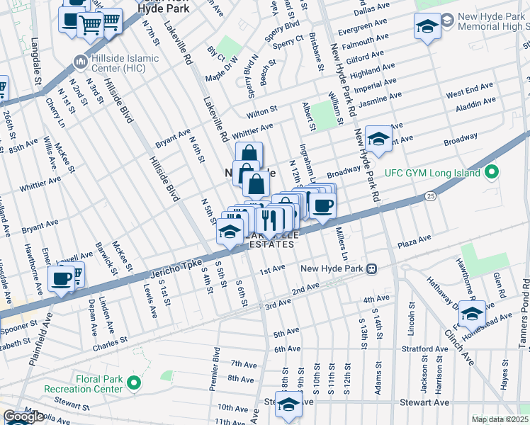 map of restaurants, bars, coffee shops, grocery stores, and more near 96 Lakeville Road in New Hyde Park
