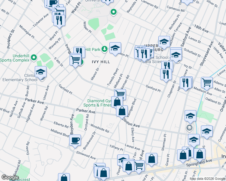 map of restaurants, bars, coffee shops, grocery stores, and more near 207 Midland Place in Newark