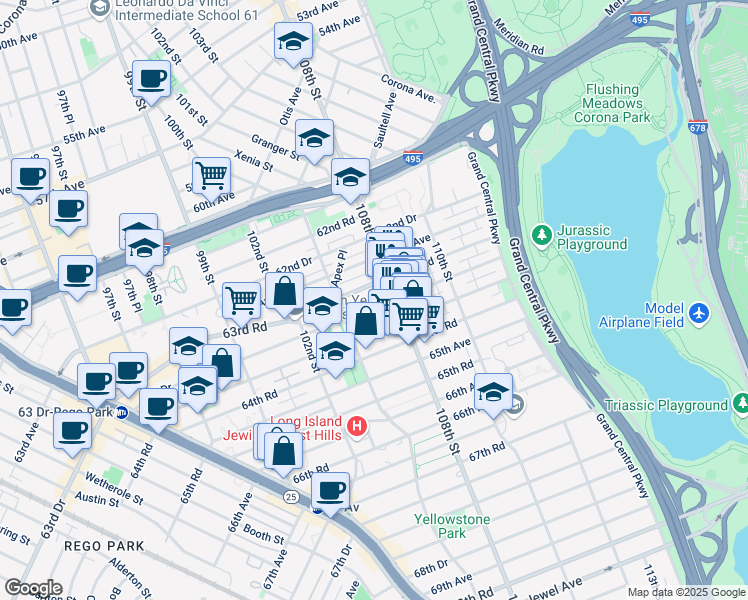 map of restaurants, bars, coffee shops, grocery stores, and more near 105-42 63rd Road in Queens
