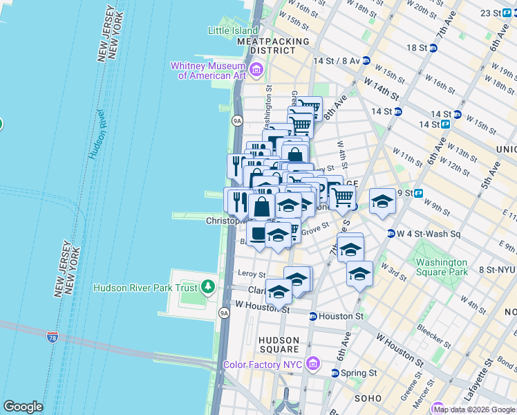 map of restaurants, bars, coffee shops, grocery stores, and more near 668 Washington Street in New York