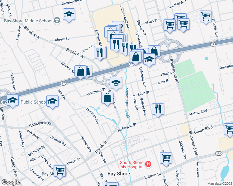 map of restaurants, bars, coffee shops, grocery stores, and more near 45 Brook Avenue in Bay Shore
