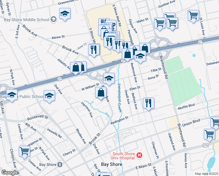 map of restaurants, bars, coffee shops, grocery stores, and more near 45 Brook Avenue in Bay Shore
