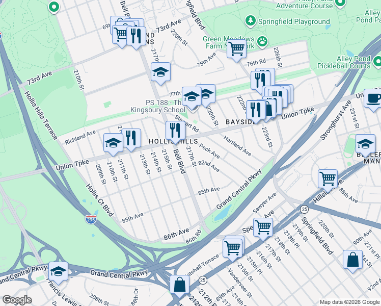 map of restaurants, bars, coffee shops, grocery stores, and more near 217-18 Peck Avenue in Queens