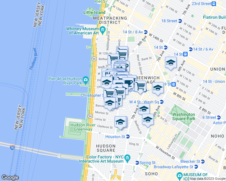 map of restaurants, bars, coffee shops, grocery stores, and more near Greenwich Street & West 10th Street in New York