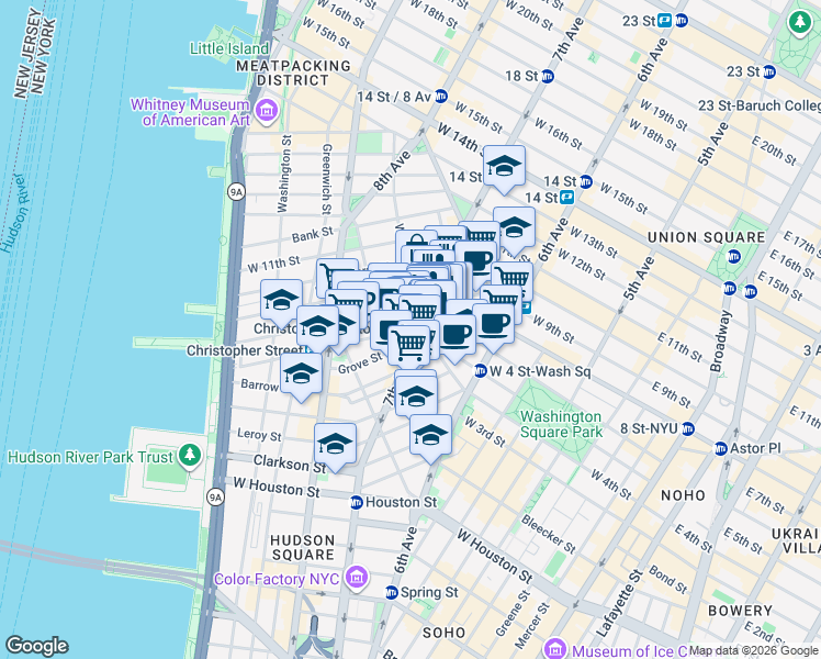map of restaurants, bars, coffee shops, grocery stores, and more near 75 Christopher Street in New York