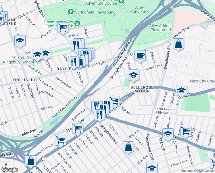 map of restaurants, bars, coffee shops, grocery stores, and more near 25 Stronghurst Avenue in Queens
