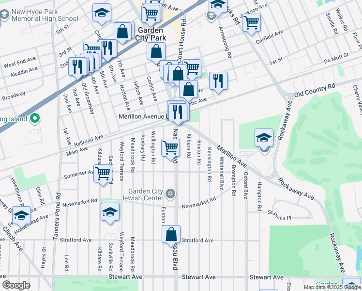 map of restaurants, bars, coffee shops, grocery stores, and more near 217 Nassau Boulevard in Garden City