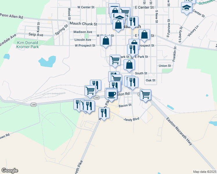 map of restaurants, bars, coffee shops, grocery stores, and more near 550 South Green Street in Nazareth