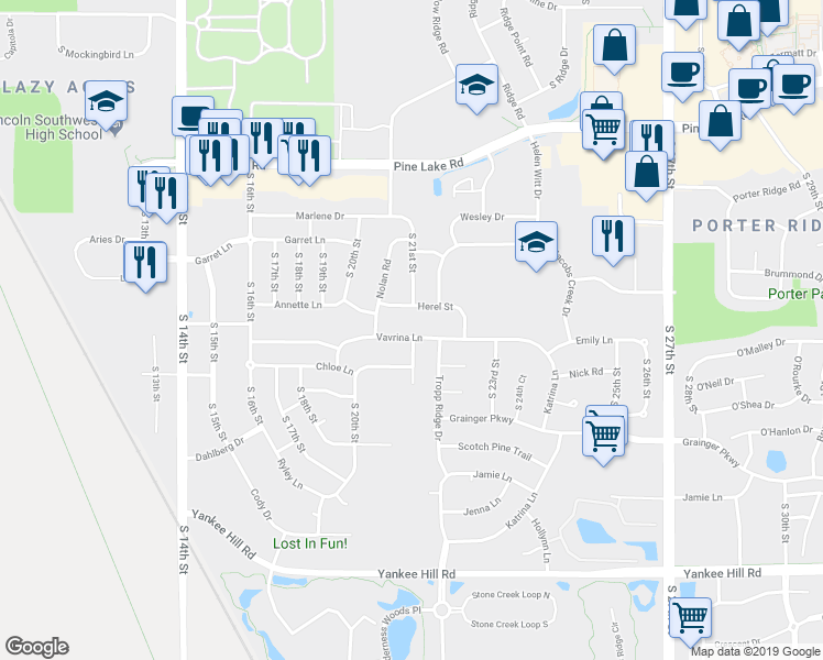 map of restaurants, bars, coffee shops, grocery stores, and more near 2066 Vavrina Lane in Lincoln