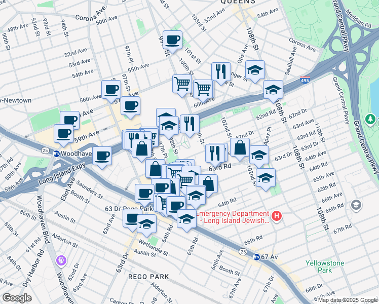 map of restaurants, bars, coffee shops, grocery stores, and more near 98-52 62nd Road in Queens