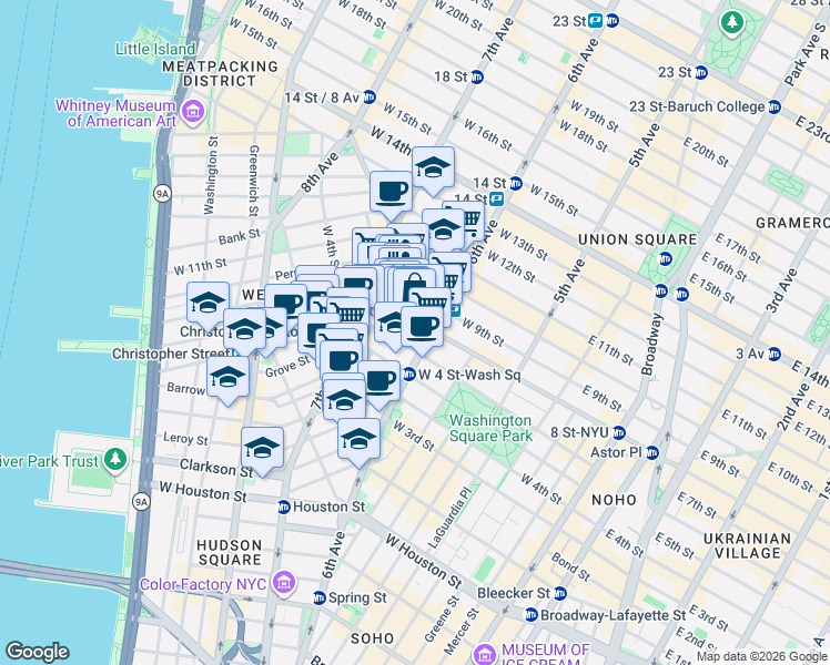 map of restaurants, bars, coffee shops, grocery stores, and more near 169 Waverly Place in New York