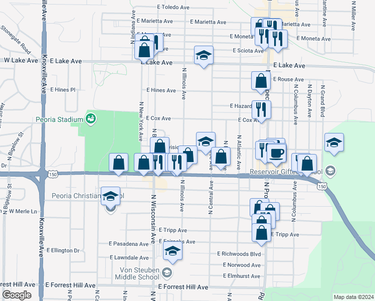 map of restaurants, bars, coffee shops, grocery stores, and more near 804 East Division Avenue in Peoria Heights