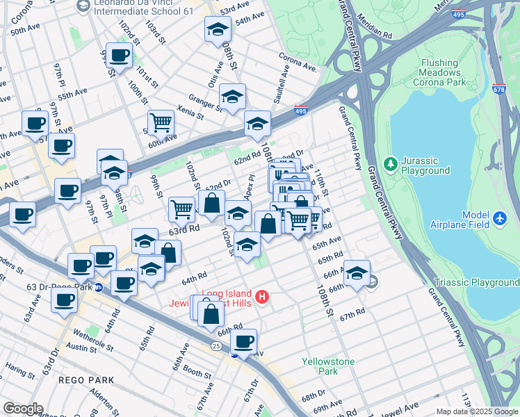 map of restaurants, bars, coffee shops, grocery stores, and more near 105-03 63rd Road in Queens