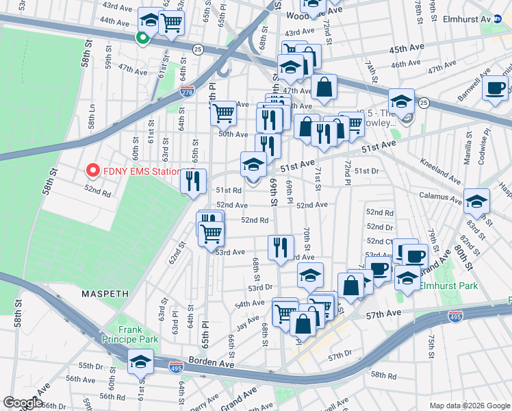 map of restaurants, bars, coffee shops, grocery stores, and more near 67-08 51st Road in Queens
