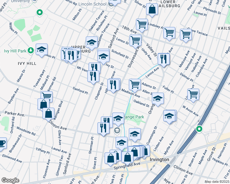 map of restaurants, bars, coffee shops, grocery stores, and more near 16 Mountainview Place in Irvington