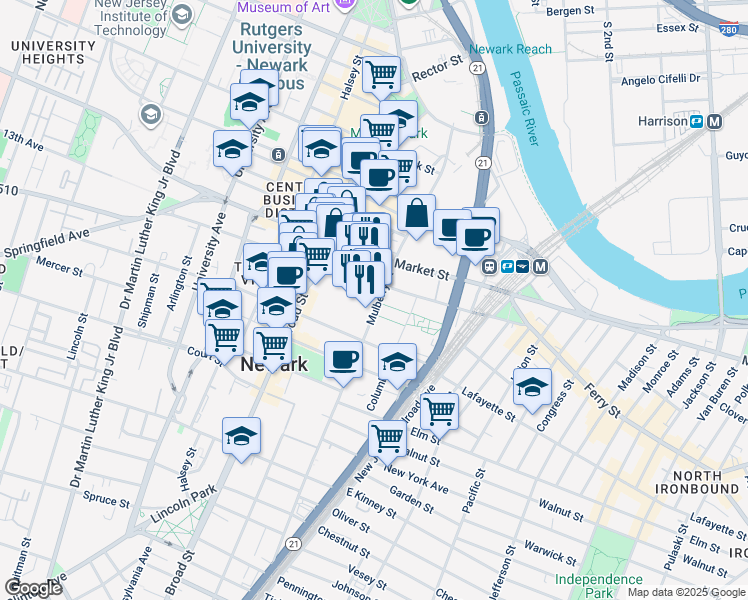 map of restaurants, bars, coffee shops, grocery stores, and more near 165 Mulberry Street in Newark