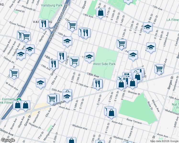 map of restaurants, bars, coffee shops, grocery stores, and more near 649 South 18th Street in Newark