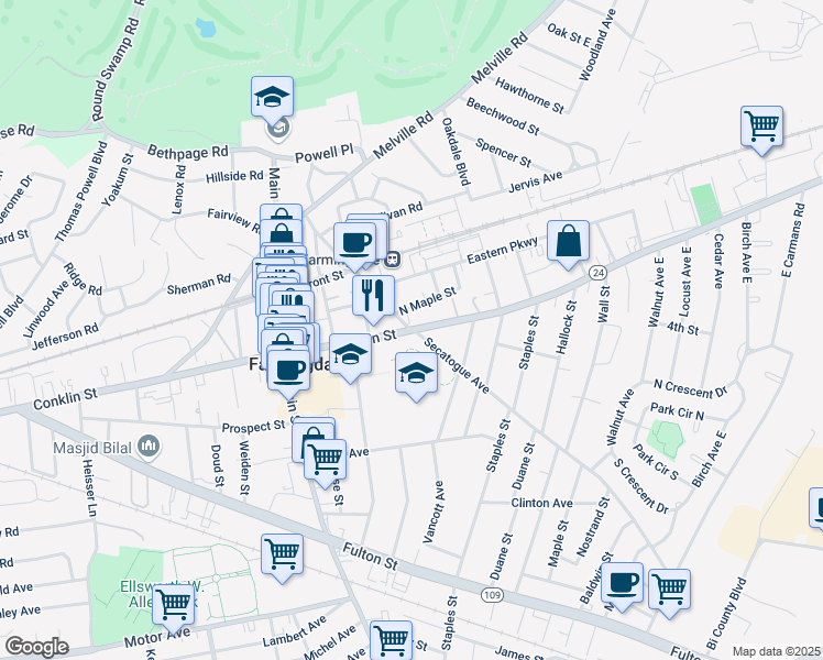 map of restaurants, bars, coffee shops, grocery stores, and more near Conklin Street & Secatogue Avenue in Farmingdale