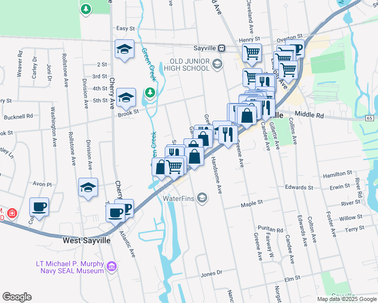 map of restaurants, bars, coffee shops, grocery stores, and more near 22 Garfield Avenue in Sayville