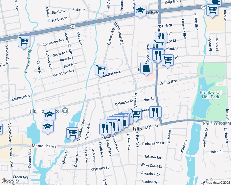 map of restaurants, bars, coffee shops, grocery stores, and more near 2649 Union Boulevard in Islip