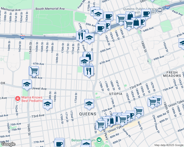 map of restaurants, bars, coffee shops, grocery stores, and more near 175-17 68th Avenue in Queens