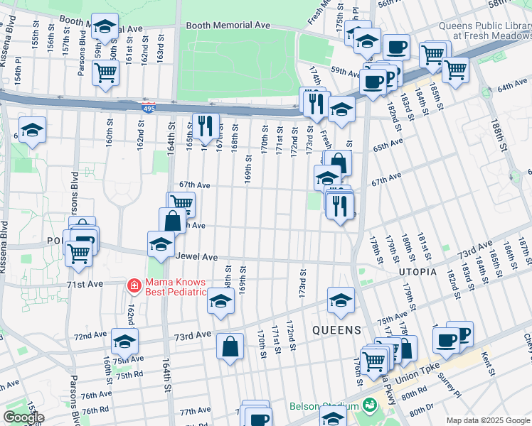 map of restaurants, bars, coffee shops, grocery stores, and more near 67-22 171st Street in Queens