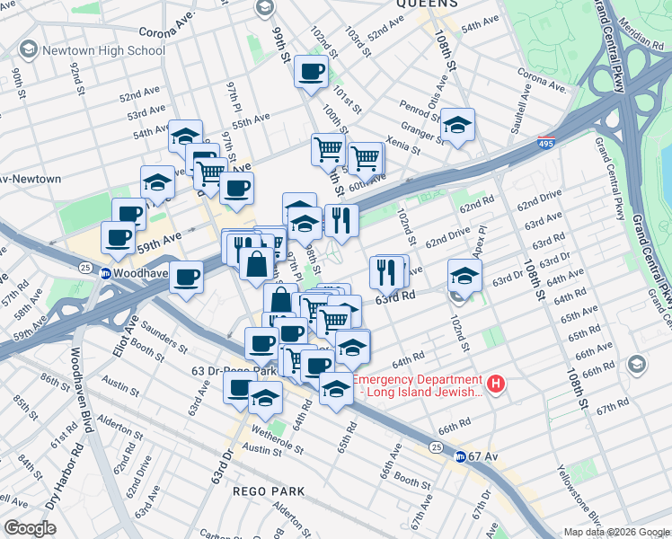 map of restaurants, bars, coffee shops, grocery stores, and more near 63-45 98th Street in Queens