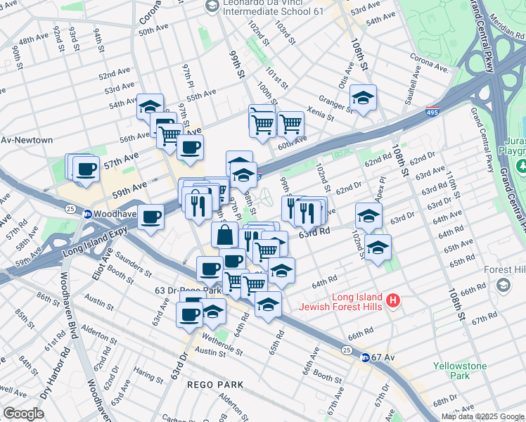 map of restaurants, bars, coffee shops, grocery stores, and more near 63-45 98th Street in Queens
