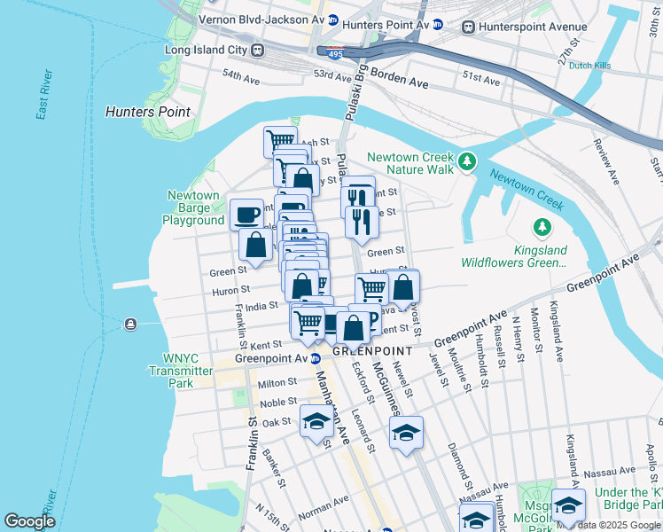 map of restaurants, bars, coffee shops, grocery stores, and more near 207 Green Street in Brooklyn