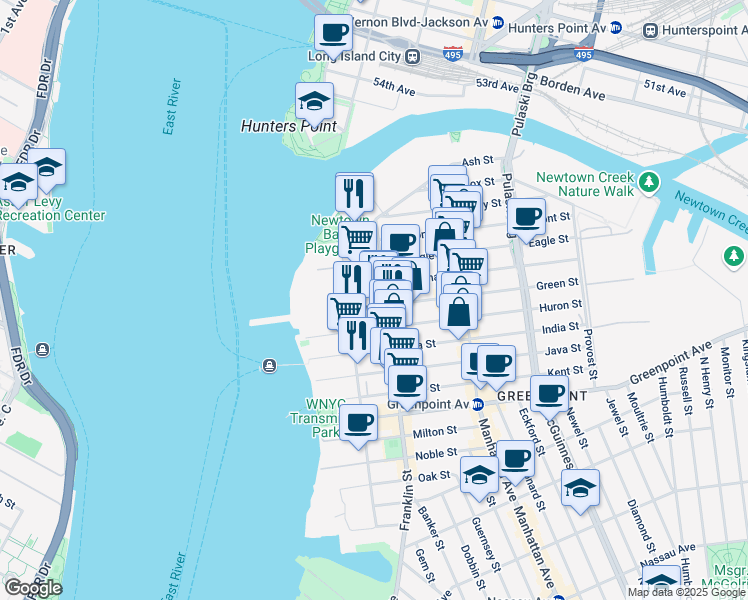 map of restaurants, bars, coffee shops, grocery stores, and more near 74 Freeman Street in Brooklyn