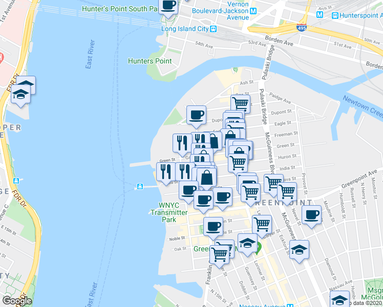map of restaurants, bars, coffee shops, grocery stores, and more near 74 Freeman Street in Brooklyn