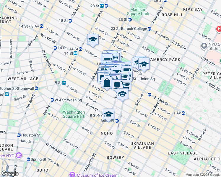 map of restaurants, bars, coffee shops, grocery stores, and more near 52 East 13th Street in New York