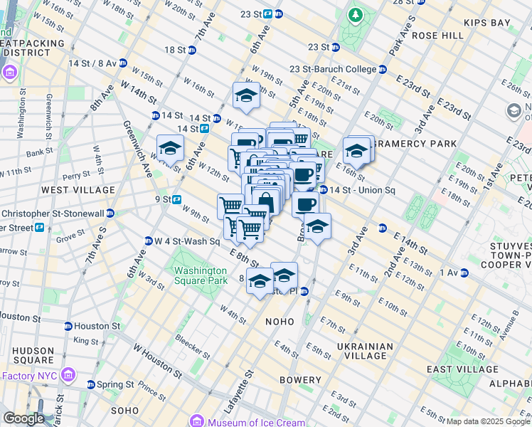 map of restaurants, bars, coffee shops, grocery stores, and more near 86 University Place in New York