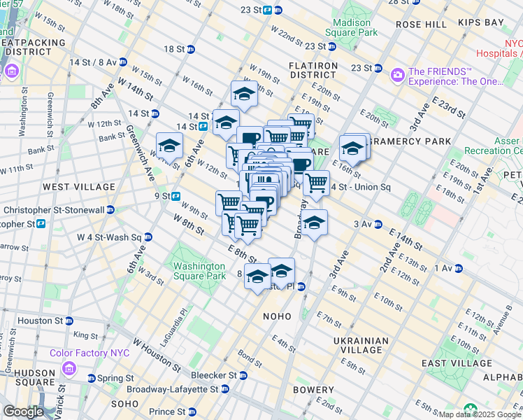 map of restaurants, bars, coffee shops, grocery stores, and more near 86 University Place in New York