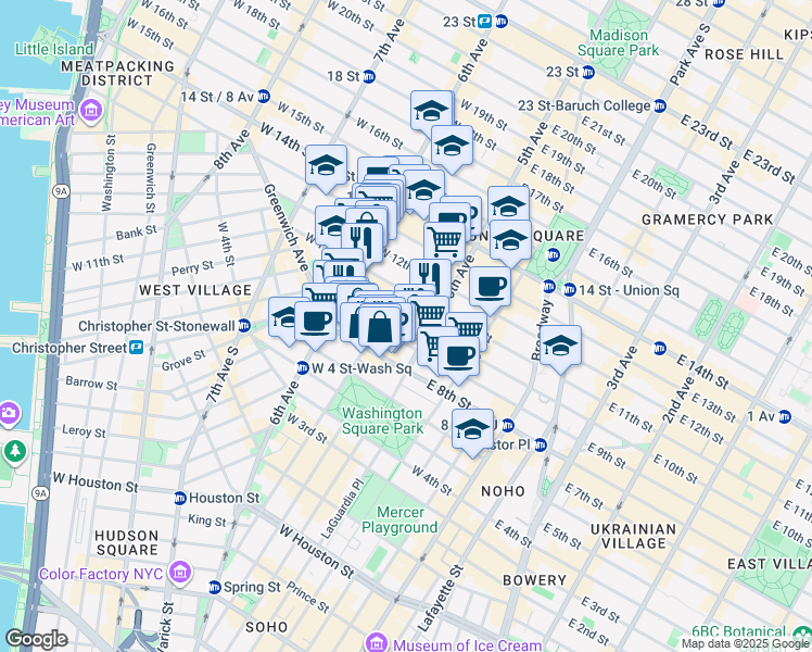 map of restaurants, bars, coffee shops, grocery stores, and more near 19 West 10th Street in New York