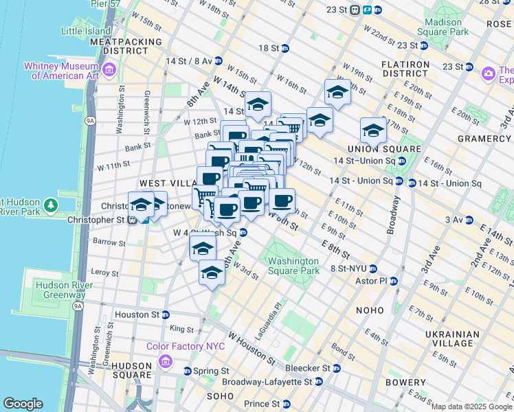 map of restaurants, bars, coffee shops, grocery stores, and more near 58 1/2 West 8th Street in New York