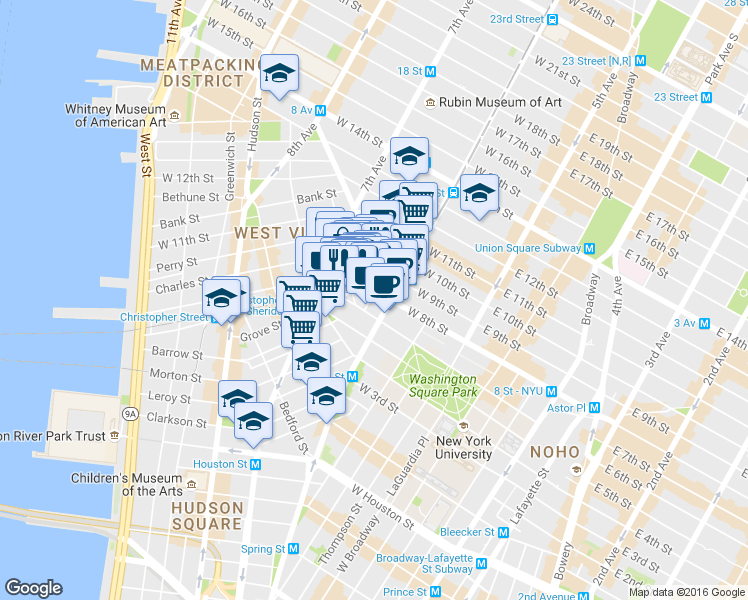 map of restaurants, bars, coffee shops, grocery stores, and more near 169 Waverly Place in New York