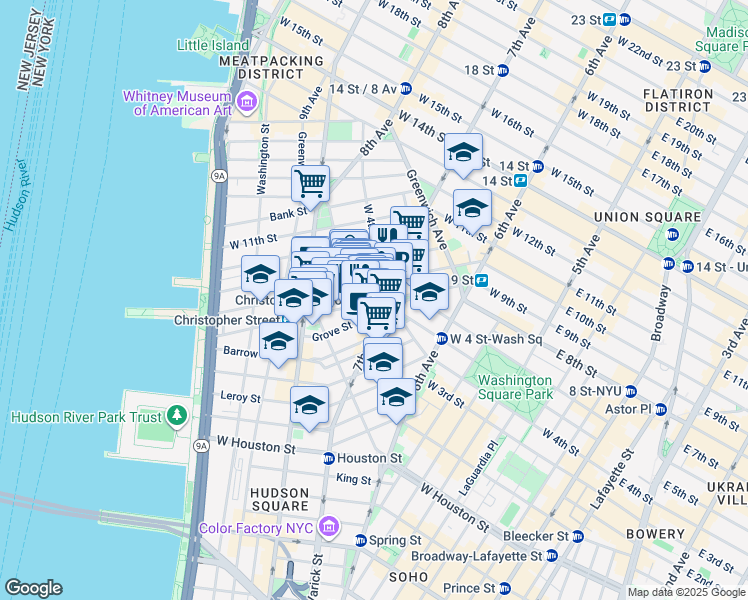 map of restaurants, bars, coffee shops, grocery stores, and more near 341 Bleecker Street in New York