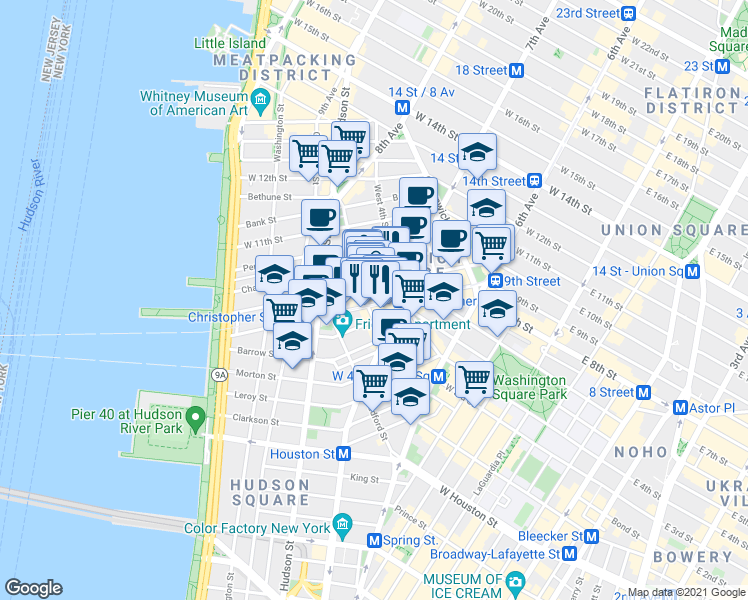 map of restaurants, bars, coffee shops, grocery stores, and more near 93 Christopher Street in New York