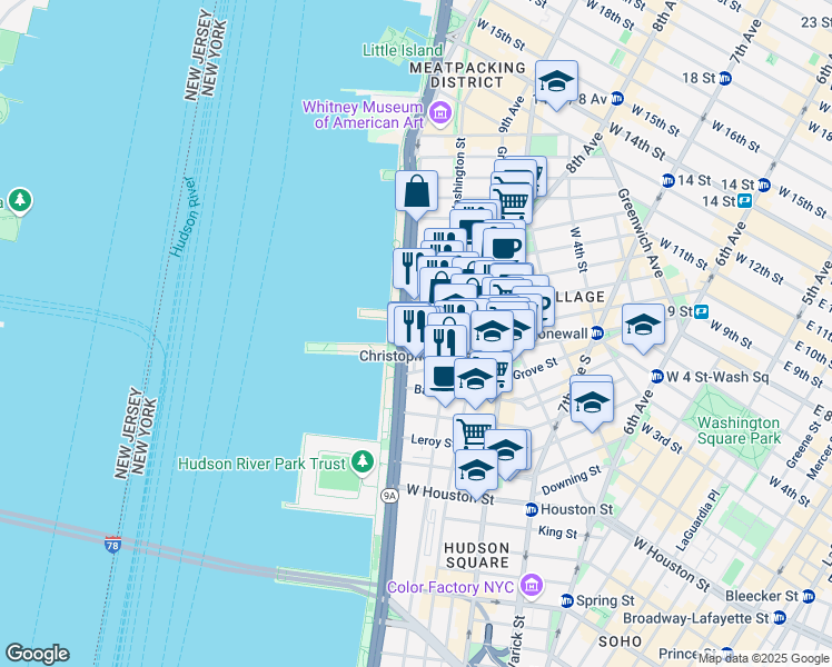 map of restaurants, bars, coffee shops, grocery stores, and more near 410 West Street in New York