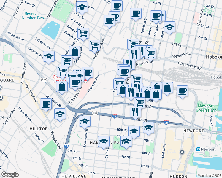 map of restaurants, bars, coffee shops, grocery stores, and more near 289 Coles Street in Jersey City