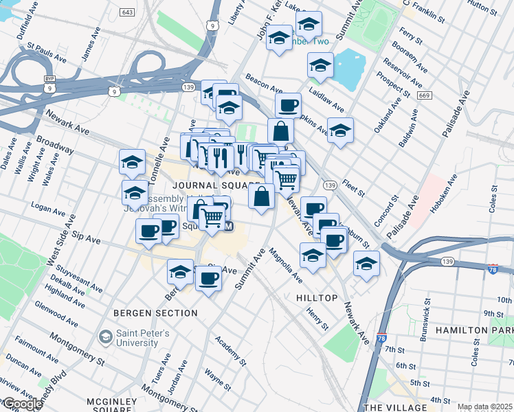 map of restaurants, bars, coffee shops, grocery stores, and more near 36 Van Reipen Avenue in Jersey City