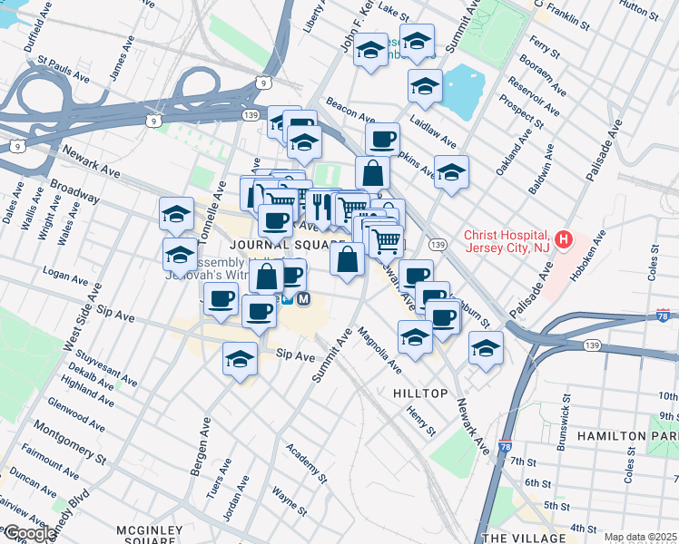map of restaurants, bars, coffee shops, grocery stores, and more near 36 Van Reipen Avenue in Jersey City