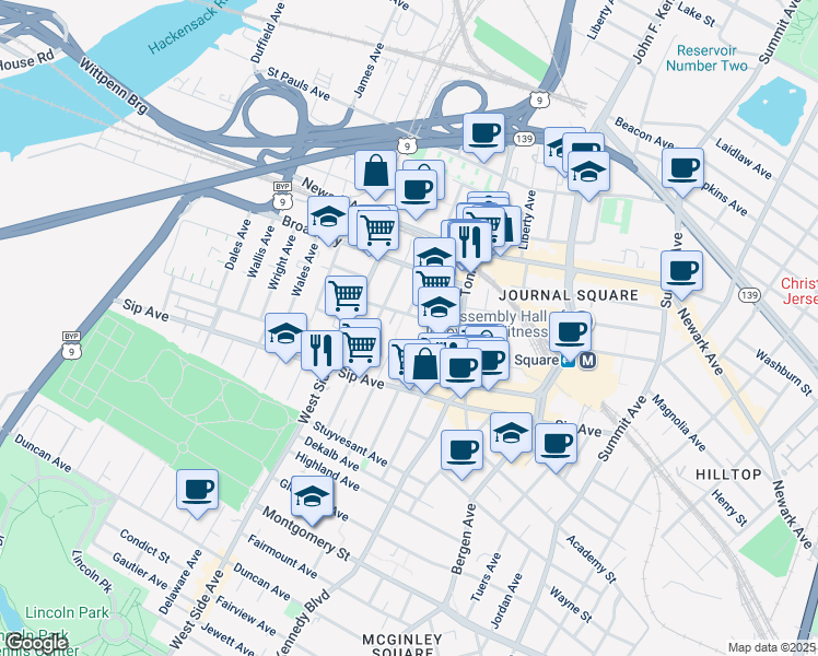 map of restaurants, bars, coffee shops, grocery stores, and more near 110 Corbin Avenue in Jersey City