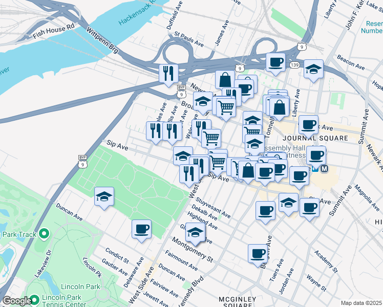 map of restaurants, bars, coffee shops, grocery stores, and more near 27 Fox Place in Jersey City