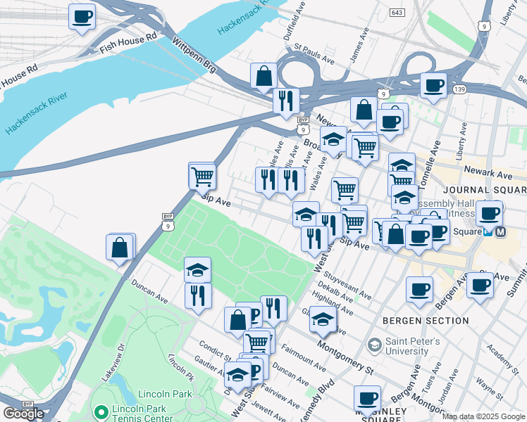 map of restaurants, bars, coffee shops, grocery stores, and more near 111 Logan Avenue in Jersey City
